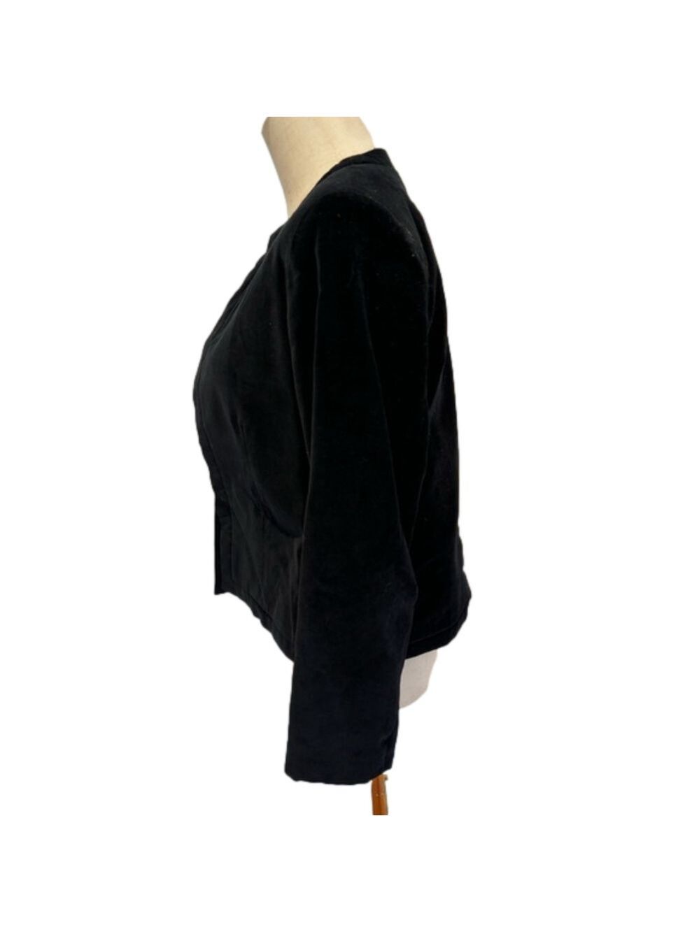 90s NEIL MARTIN BLACK VELVET BLAZER COTTON CROPPED COLLARLESS & 3/4 SLEEVES SZ 8 - Picture 3 of 9